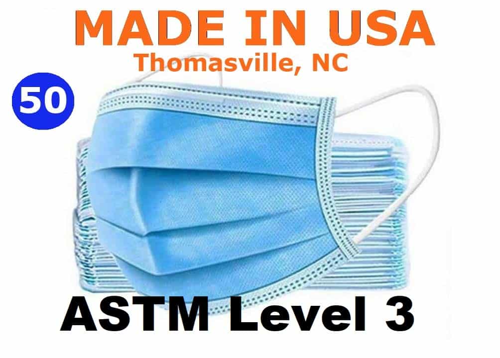 ASTM Level 3, Disposable Face Mask, Made in USA, Blue (50)
