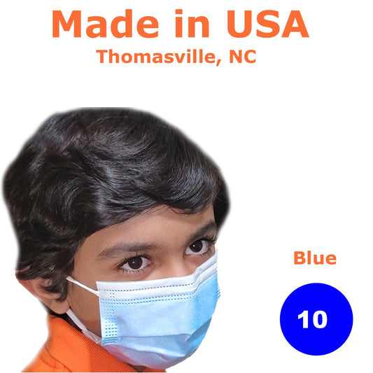 Kids Disposable Face Mask, Made in USA, Pack of 10, Blue