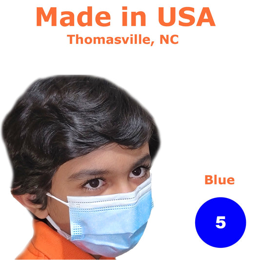 Kids Disposable Face Mask, Made in USA, Pack of 5, Blue