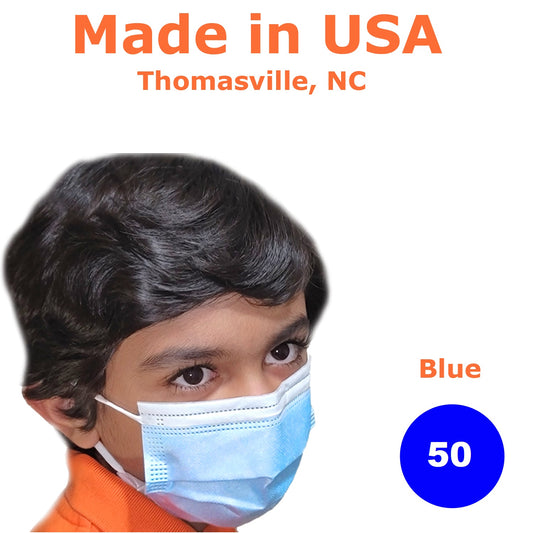 Kids Disposable Face Mask, Made in USA, Pack of 50, Blue