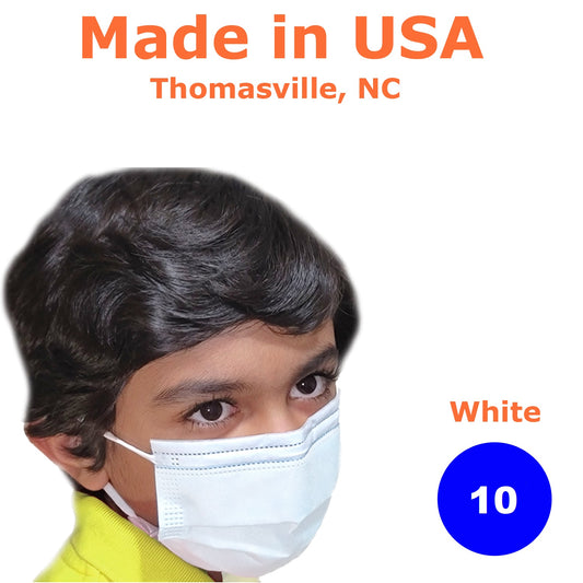 Kids Disposable Face Mask, Made in USA, White, Pack of 10