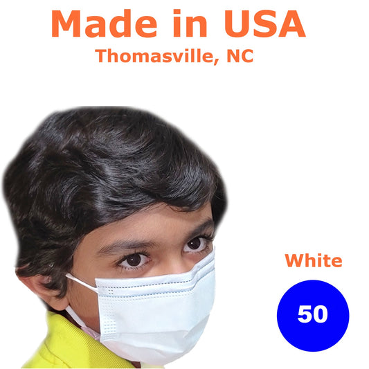 Kids Disposable Face Mask, Made in USA, White, Pack of 50