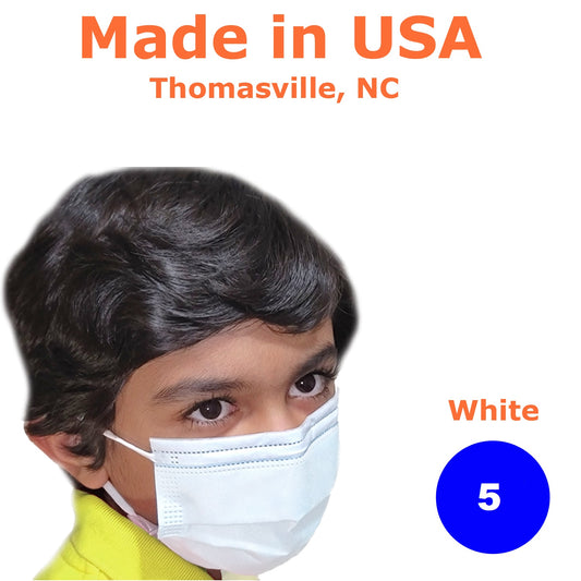 Kids Disposable Face Mask, Made in USA, White, Pack of 5