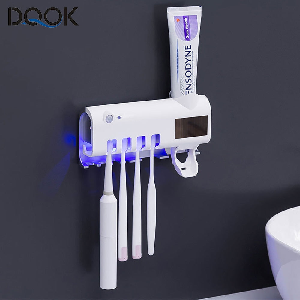 UV Toothbrush Sterilizer, Automatic Toothpaste Dispenser, Solar Energy,  Storage Holder, USB Charge, 4 Toothbrush