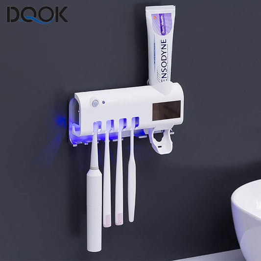 UV Toothbrush Sterilizer, Automatic Toothpaste Dispenser, Solar Energy, Storage Holder, USB Charge, 4 Toothbrush