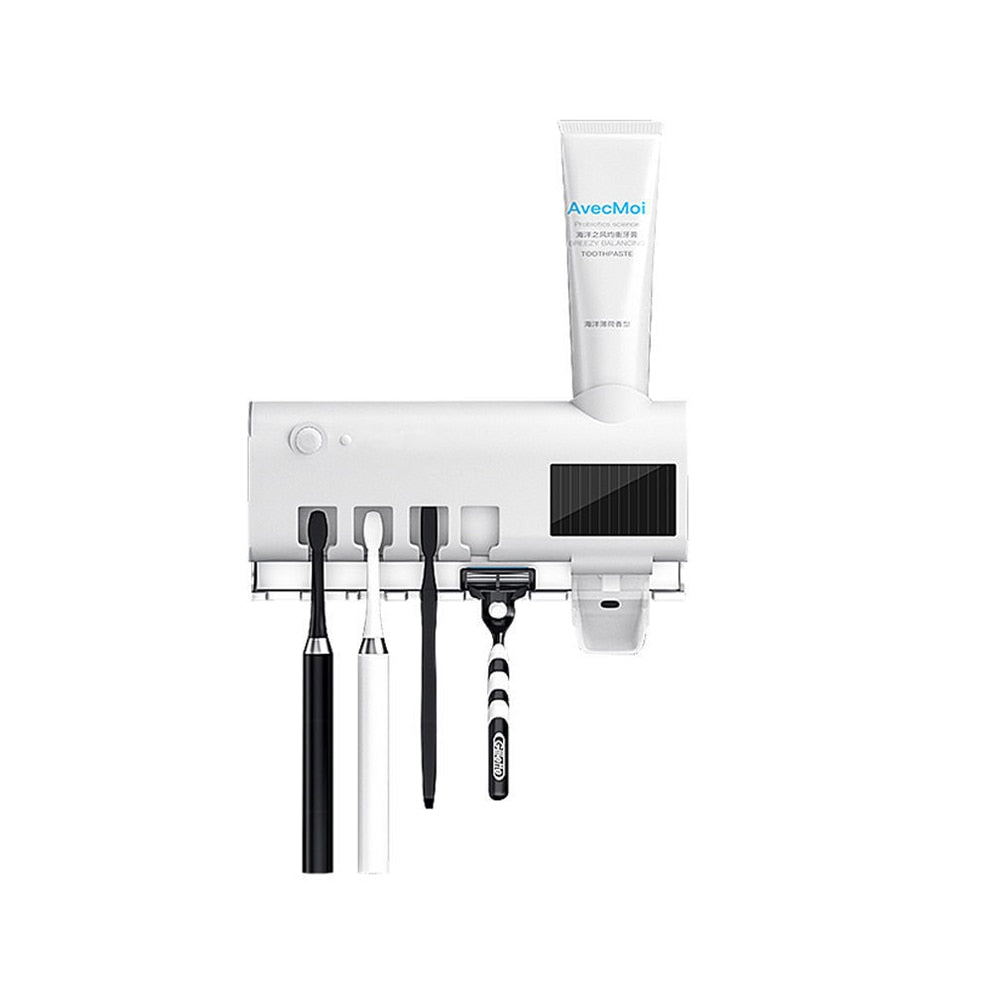 UV Toothbrush Sterilizer, Automatic Toothpaste Dispenser, Solar Energy,  Storage Holder, USB Charge, 4 Toothbrush