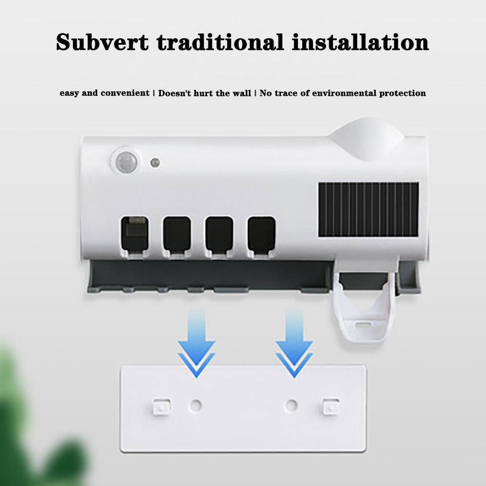 UV Toothbrush Sterilizer, Automatic Toothpaste Dispenser, Solar Energy,  Storage Holder, USB Charge, 4 Toothbrush